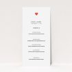 A wedding menu card design named "A little heart". It is a tall (DL) menu in a portrait orientation. "A little heart" is available as a flat menu, with tones of white and red.