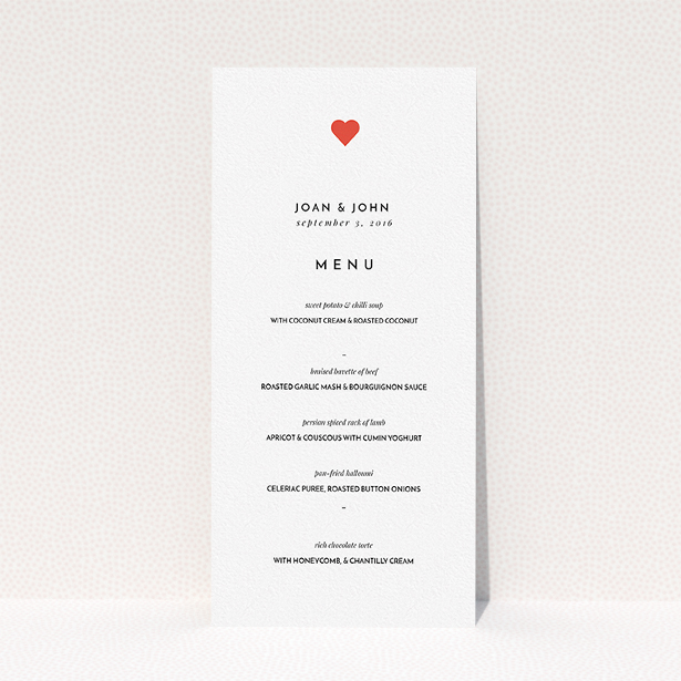 A wedding menu card design named "A little heart". It is a tall (DL) menu in a portrait orientation. "A little heart" is available as a flat menu, with tones of white and red.