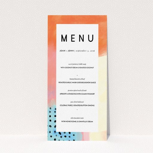 Wedding Menu Card Design - "Abstract Colours" A wedding menu card template titled "Abstract Colours". It is a tall (DL) menu in a portrait orientation. "Abstract Colours" is available as a flat menu, with tones of orange, light blue and salmon pink.