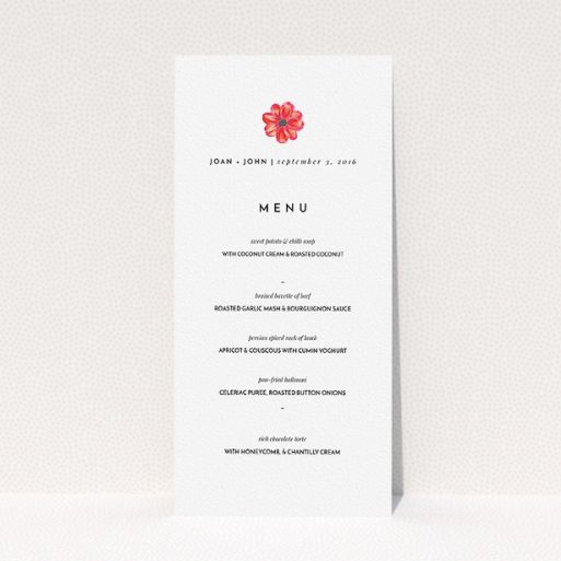 Wedding Menu Card Design - "Acrylic Daisy" A wedding menu card template titled "Acrylic Daisy". It is a tall (DL) menu in a portrait orientation. "Acrylic Daisy" is available as a flat menu, with tones of white and red.