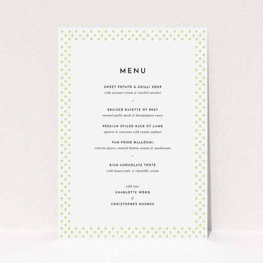 Wedding Menu Card Design - "All the dots" A wedding menu card design titled "All the dots". It is an A5 menu in a portrait orientation. "All the dots" is available as a flat menu, with mainly cream colouring.