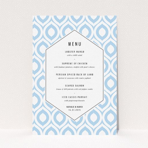 Wedding Menu Card Design - "Arabian diamonds" A wedding menu card design called "Arabian diamonds". It is an A5 menu in a portrait orientation. "Arabian diamonds" is available as a flat menu, with tones of blue and white.