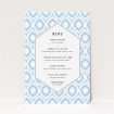 A wedding menu card design called "Arabian diamonds". It is an A5 menu in a portrait orientation. "Arabian diamonds" is available as a flat menu, with tones of blue and white.