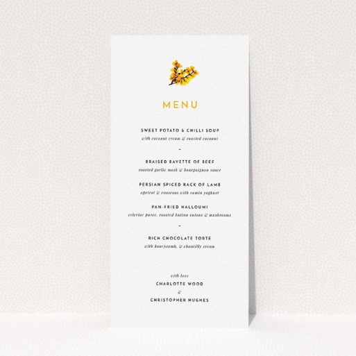 Wedding Menu Card Design - "Autumn Blossom" A wedding menu card named "Autumn Blossom". It is a tall (DL) menu in a portrait orientation. "Autumn Blossom" is available as a flat menu, with tones of white and orange.
