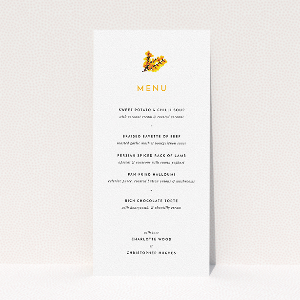 A wedding menu card named "Autumn Blossom". It is a tall (DL) menu in a portrait orientation. "Autumn Blossom" is available as a flat menu, with tones of white and orange.