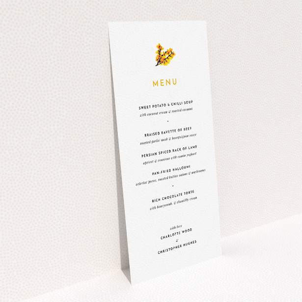 A wedding menu card named "Autumn Blossom". It is a tall (DL) menu in a portrait orientation. "Autumn Blossom" is available as a flat menu, with tones of white and orange.