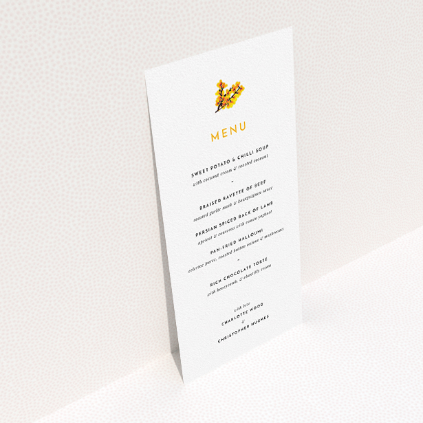 A wedding menu card named "Autumn Blossom". It is a tall (DL) menu in a portrait orientation. "Autumn Blossom" is available as a flat menu, with tones of white and orange.