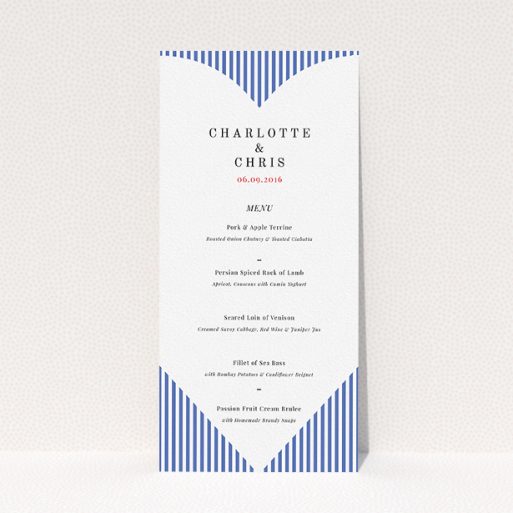 Wedding Menu Card Design - "Between the Lines" A wedding menu card called "Between the Lines". It is a tall (DL) menu in a portrait orientation. "Between the Lines" is available as a flat menu, with tones of blue and white.