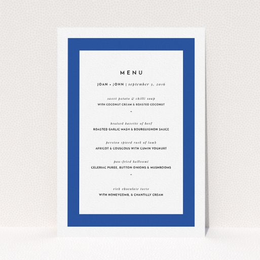 Wedding Menu Card Design - "Big Blue" A wedding menu card design titled "Big Blue". It is an A5 menu in a portrait orientation. "Big Blue" is available as a flat menu, with tones of blue and white.