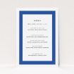 A wedding menu card design titled "Big Blue". It is an A5 menu in a portrait orientation. "Big Blue" is available as a flat menu, with tones of blue and white.
