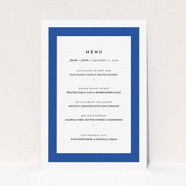 A wedding menu card design titled "Big Blue". It is an A5 menu in a portrait orientation. "Big Blue" is available as a flat menu, with tones of blue and white.