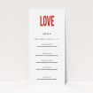 A wedding menu card design titled "Big Love". It is a tall (DL) menu in a portrait orientation. "Big Love" is available as a flat menu, with tones of white and red.