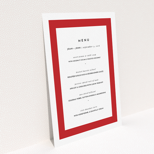 A wedding menu card named "Big Red". It is an A5 menu in a portrait orientation. "Big Red" is available as a flat menu, with tones of red and white.