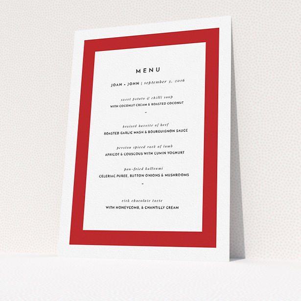 A wedding menu card named "Big Red". It is an A5 menu in a portrait orientation. "Big Red" is available as a flat menu, with tones of red and white.