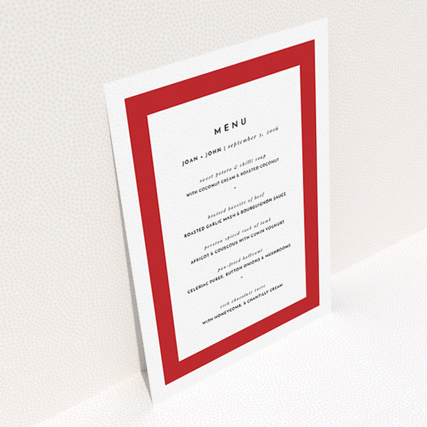 A wedding menu card named "Big Red". It is an A5 menu in a portrait orientation. "Big Red" is available as a flat menu, with tones of red and white.