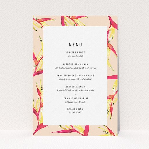 Wedding Menu Card Design - "Birds of paradise" A wedding menu card design named "Birds of paradise". It is an A5 menu in a portrait orientation. "Birds of paradise" is available as a flat menu, with tones of dark cream and red.