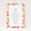 A wedding menu card design named "Birds of paradise". It is an A5 menu in a portrait orientation. "Birds of paradise" is available as a flat menu, with tones of dark cream and red.