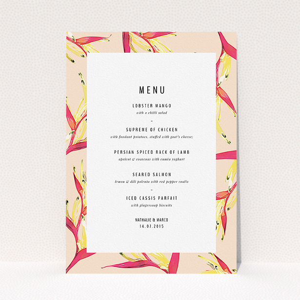 A wedding menu card design named "Birds of paradise". It is an A5 menu in a portrait orientation. "Birds of paradise" is available as a flat menu, with tones of dark cream and red.