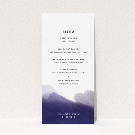 Wedding Menu Card Design - "Blue and Cream" A wedding menu card design titled "Blue and Cream". It is a tall (DL) menu in a portrait orientation. "Blue and Cream" is available as a flat menu, with mainly dark blue colouring.