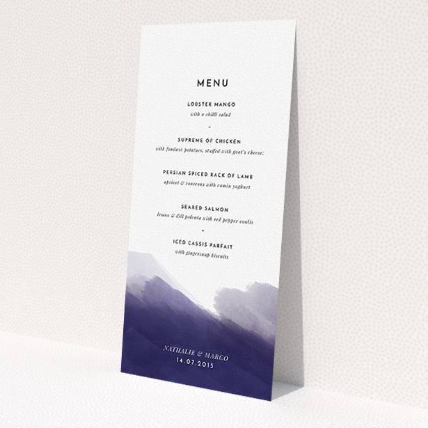 A wedding menu card design titled "Blue and Cream". It is a tall (DL) menu in a portrait orientation. "Blue and Cream" is available as a flat menu, with mainly dark blue colouring.