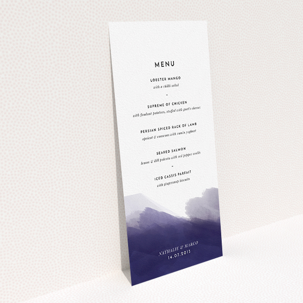 A wedding menu card design titled "Blue and Cream". It is a tall (DL) menu in a portrait orientation. "Blue and Cream" is available as a flat menu, with mainly dark blue colouring.