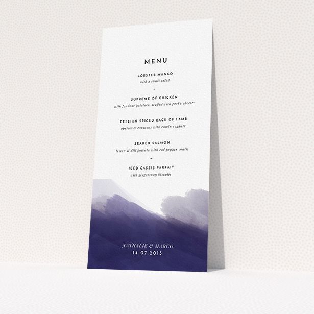A wedding menu card design titled "Blue and Cream". It is a tall (DL) menu in a portrait orientation. "Blue and Cream" is available as a flat menu, with mainly dark blue colouring.