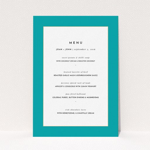 Wedding Menu Card Design - "Blue and Gold Flourish" A wedding menu card named "Blue and Gold Flourish". It is an A5 menu in a portrait orientation. "Blue and Gold Flourish" is available as a flat menu, with tones of green and white.