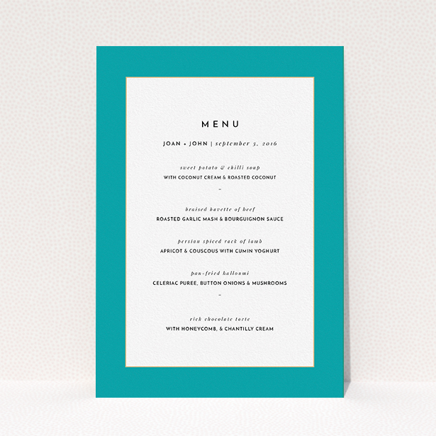 A wedding menu card named "Blue and Gold Flourish". It is an A5 menu in a portrait orientation. "Blue and Gold Flourish" is available as a flat menu, with tones of green and white.