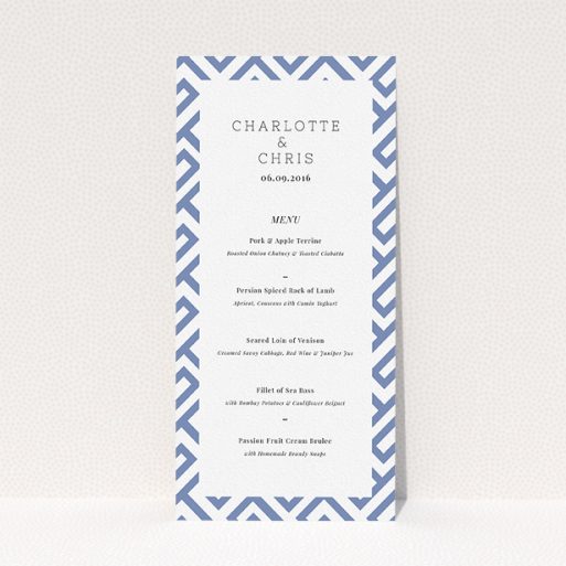 Wedding Menu Card Design - "Blue and white maze" A wedding menu card design named "Blue and white maze". It is a tall (DL) menu in a portrait orientation. "Blue and white maze" is available as a flat menu, with tones of blue and white.
