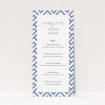 A wedding menu card design named "Blue and white maze". It is a tall (DL) menu in a portrait orientation. "Blue and white maze" is available as a flat menu, with tones of blue and white.