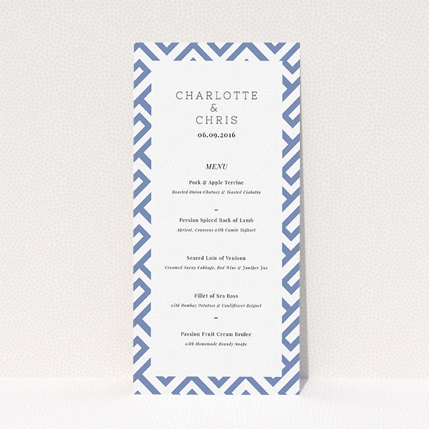 A wedding menu card design named "Blue and white maze". It is a tall (DL) menu in a portrait orientation. "Blue and white maze" is available as a flat menu, with tones of blue and white.