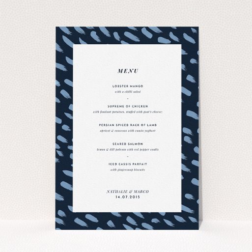 Wedding Menu Card Design - "Blue strokes" A wedding menu card design called "Blue strokes". It is an A5 menu in a portrait orientation. "Blue strokes" is available as a flat menu, with tones of blue and white.