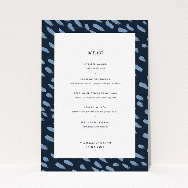 A wedding menu card design called "Blue strokes". It is an A5 menu in a portrait orientation. "Blue strokes" is available as a flat menu, with tones of blue and white.