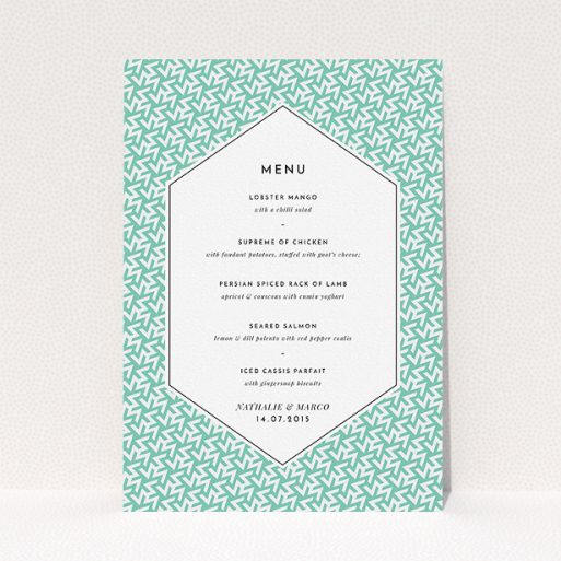 Wedding Menu Card Design - "Born in the 80s" A wedding menu card called "Born in the 80s". It is an A5 menu in a portrait orientation. "Born in the 80s" is available as a flat menu, with tones of green and white.
