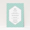 A wedding menu card called "Born in the 80s". It is an A5 menu in a portrait orientation. "Born in the 80s" is available as a flat menu, with tones of green and white.