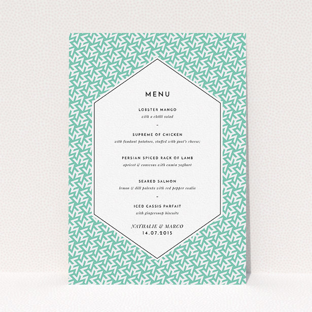 A wedding menu card called "Born in the 80s". It is an A5 menu in a portrait orientation. "Born in the 80s" is available as a flat menu, with tones of green and white.