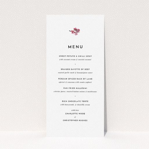 Wedding Menu Card Design - "Branches of Cherry Blossom" A wedding menu card called "Branches of Cherry Blossom". It is a tall (DL) menu in a portrait orientation. "Branches of Cherry Blossom" is available as a flat menu, with mainly white colouring.