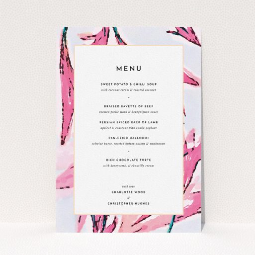 Wedding Menu Card Design - "By the river bank" A wedding menu card design named "By the river bank". It is an A5 menu in a portrait orientation. "By the river bank" is available as a flat menu, with tones of vibrant pink and green.
