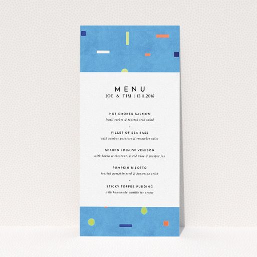 Wedding Menu Card Design - "Capri" A wedding menu card design called "Capri". It is a tall (DL) menu in a portrait orientation. "Capri" is available as a flat menu, with tones of light blue and orange.