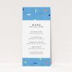 A wedding menu card design called "Capri". It is a tall (DL) menu in a portrait orientation. "Capri" is available as a flat menu, with tones of light blue and orange.