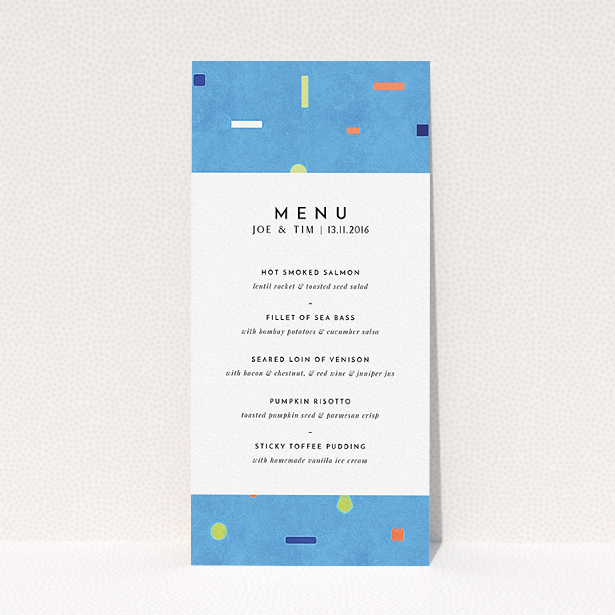 A wedding menu card design called "Capri". It is a tall (DL) menu in a portrait orientation. "Capri" is available as a flat menu, with tones of light blue and orange.