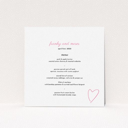 Wedding Menu Card Design - "Casual Loving" A wedding menu card named "Casual Loving". It is a square (148mm x 148mm) menu in a square orientation. "Casual Loving" is available as a flat menu, with tones of white and pink.