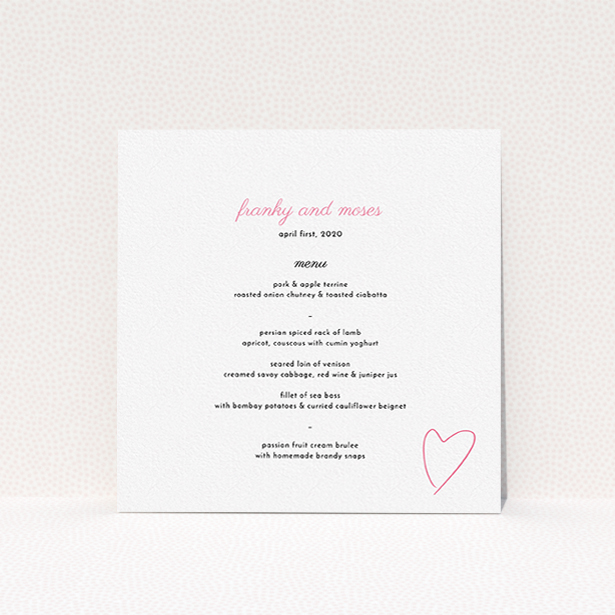 A wedding menu card named "Casual Loving". It is a square (148mm x 148mm) menu in a square orientation. "Casual Loving" is available as a flat menu, with tones of white and pink.