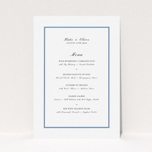 Wedding Menu Card Design - "Classic Blue Border" A wedding menu card called "Classic Blue Border". It is an A5 menu in a portrait orientation. "Classic Blue Border" is available as a flat menu, with tones of white and blue.
