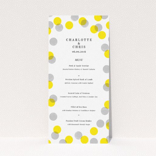 Wedding Menu Card Design - "Cork Stamps" A wedding menu card called "Cork Stamps". It is a tall (DL) menu in a portrait orientation. "Cork Stamps" is available as a flat menu, with tones of white and yellow.
