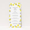 A wedding menu card called "Cork Stamps". It is a tall (DL) menu in a portrait orientation. "Cork Stamps" is available as a flat menu, with tones of white and yellow.