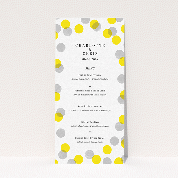 A wedding menu card called "Cork Stamps". It is a tall (DL) menu in a portrait orientation. "Cork Stamps" is available as a flat menu, with tones of white and yellow.