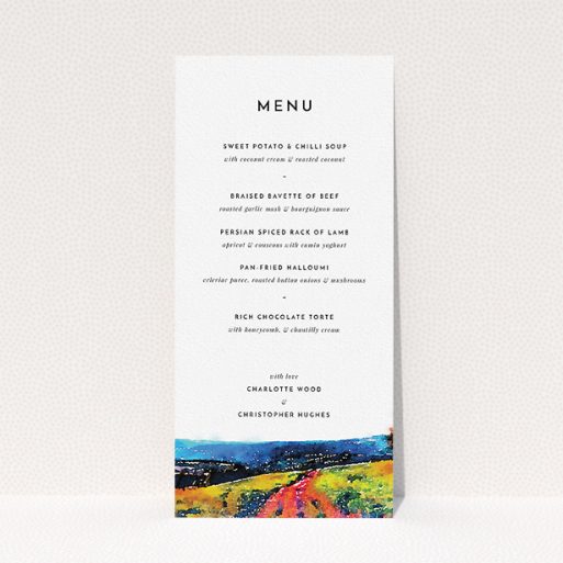 Wedding Menu Card Design - "Country Road" A wedding menu card template titled "Country Road". It is a tall (DL) menu in a portrait orientation. "Country Road" is available as a flat menu, with tones of red, blue and green.