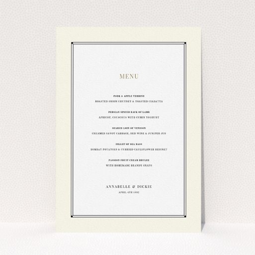 Wedding Menu Card Design - "Deco Cream" A wedding menu card template titled "Deco Cream". It is an A5 menu in a portrait orientation. "Deco Cream" is available as a flat menu, with mainly cream colouring.