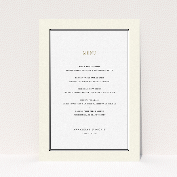 A wedding menu card template titled "Deco Cream". It is an A5 menu in a portrait orientation. "Deco Cream" is available as a flat menu, with mainly cream colouring.